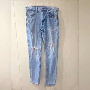 Old Navy Jeans Mens 32x32 Slim Fit Medium Wash Distressed Holes Patch Stretch